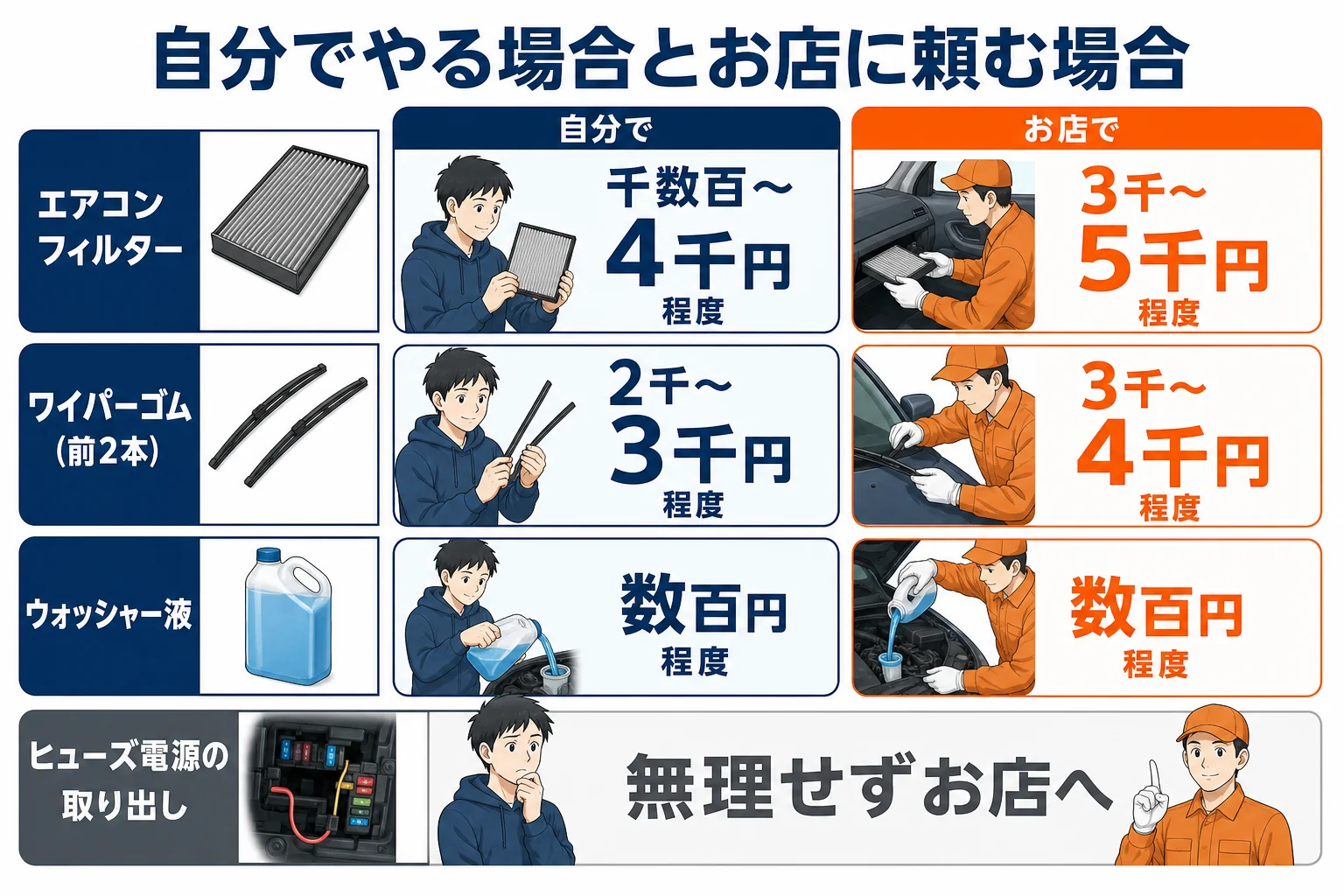 ワイパーゴム交換で気をつけるポイントの図解