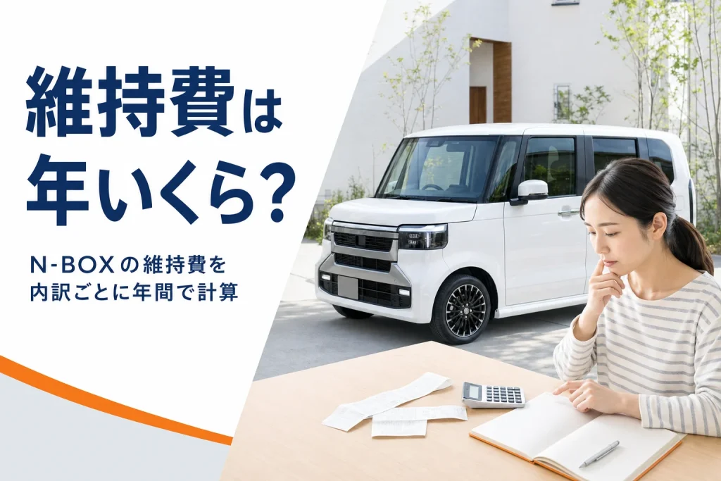 軽ハイトワゴンと電卓・家計ノートで維持費を計算するイメージ