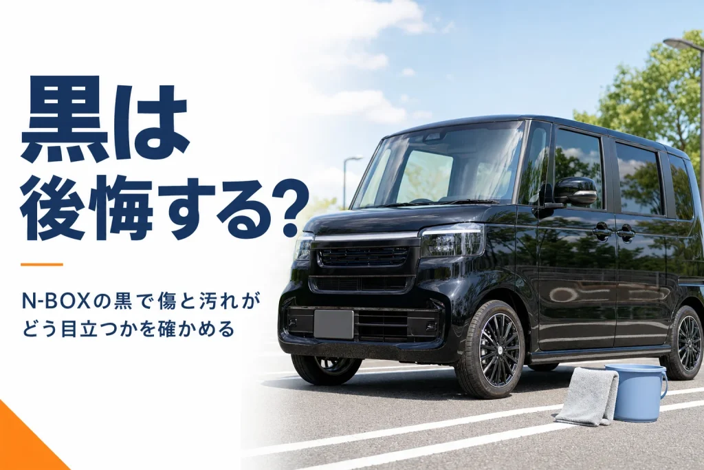 日差しの下に停めた黒い軽ハイトワゴンと洗車道具のイメージ