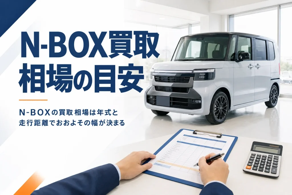査定スペースの軽ハイトワゴンと、手元のクリップボードと電卓