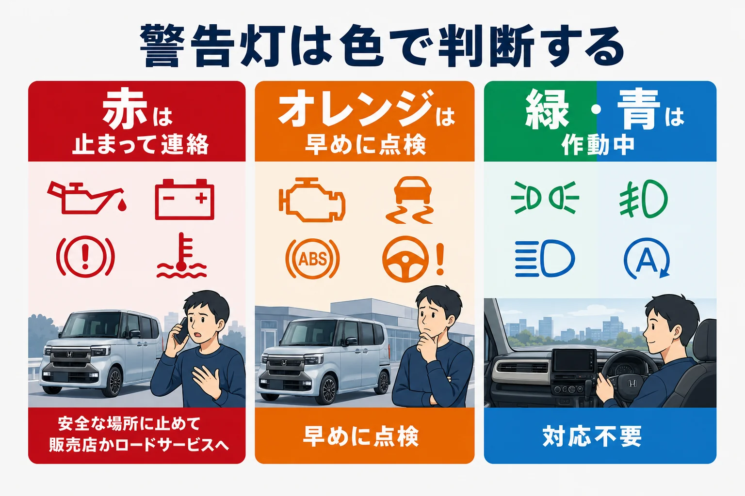 N-BOXの警告灯を赤・オレンジ・緑の色別に分けた一覧の図解