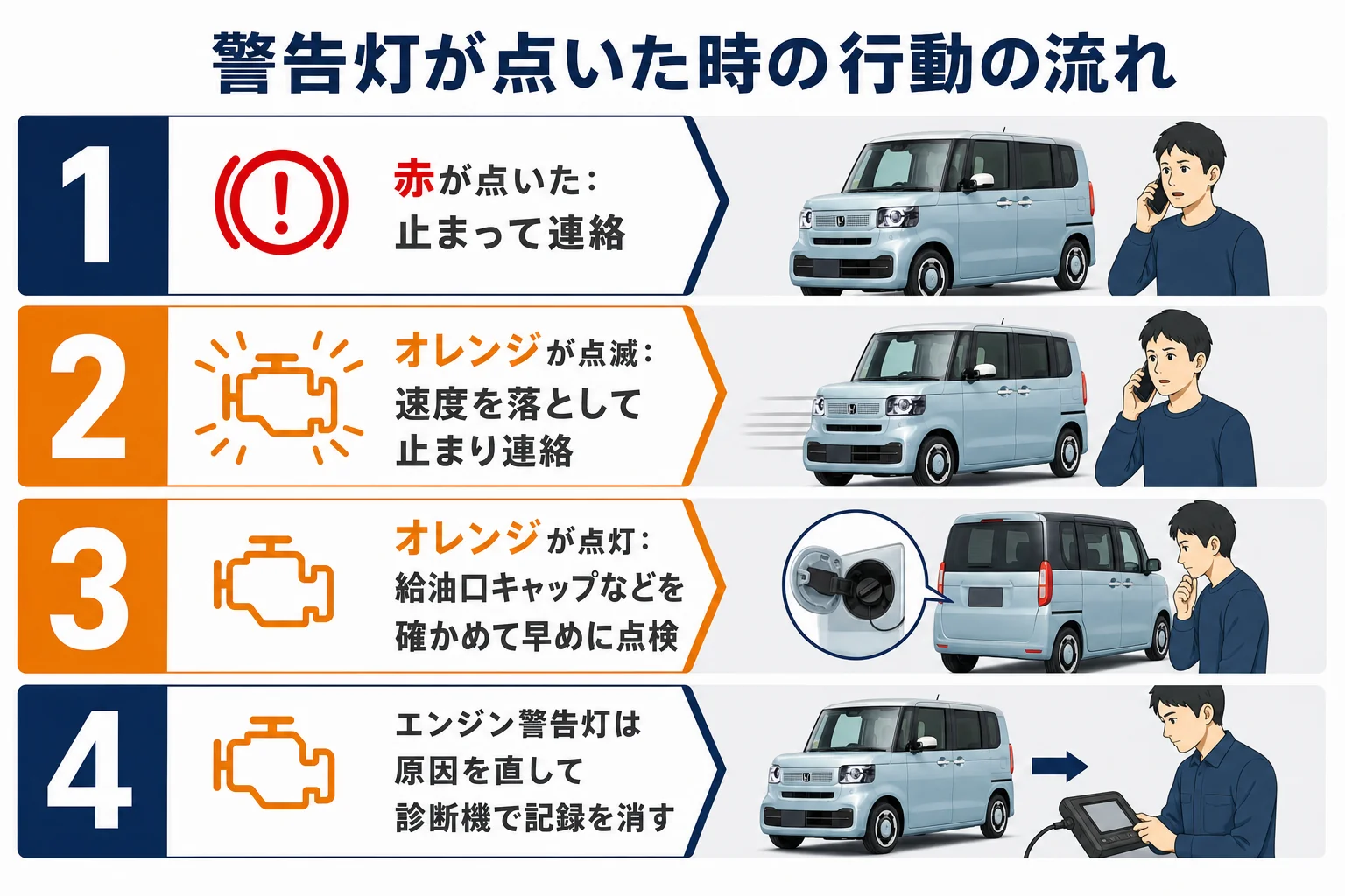 N-BOXの警告灯が点いた時に色と点灯・点滅から行動を決める流れの図解