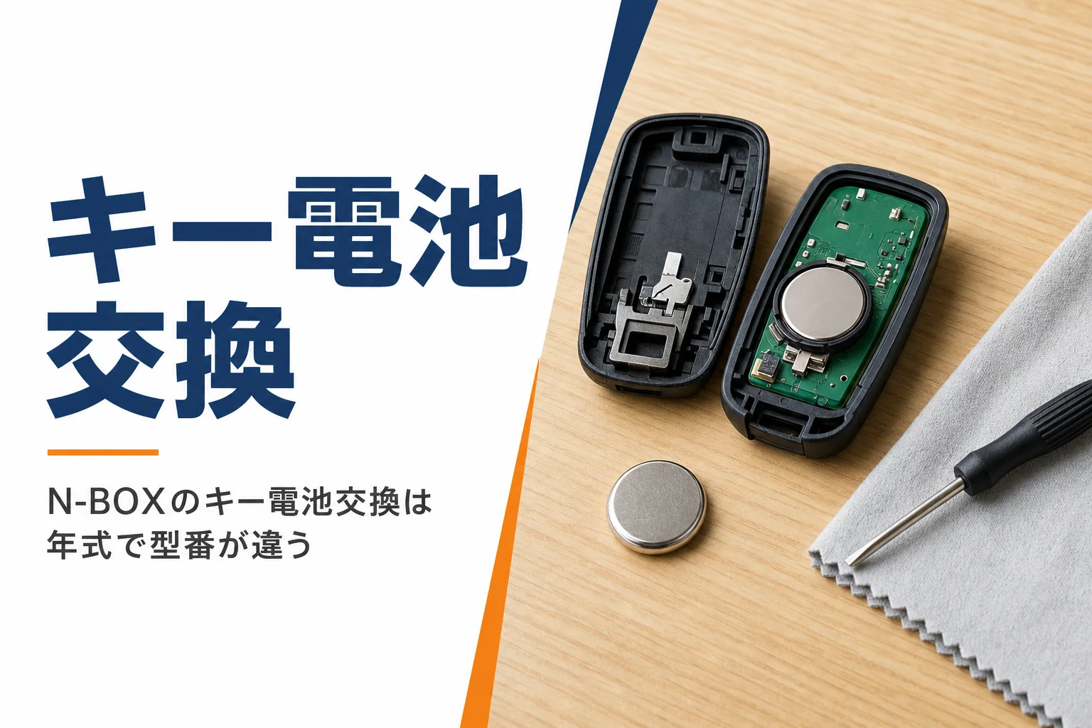 開いたスマートキーとボタン電池が机に並ぶ様子
