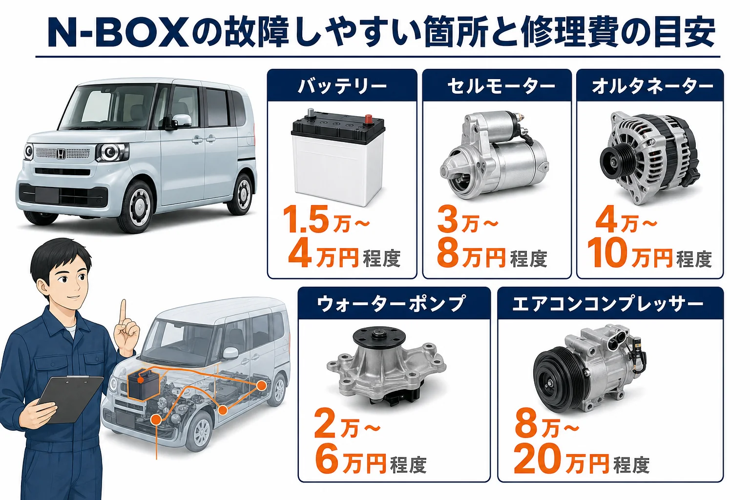 N-BOXの故障しやすい箇所と修理費の目安を症状別に並べた図解