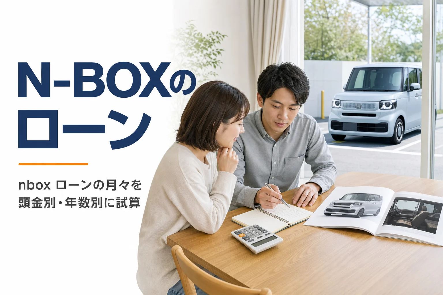 家計ノートと電卓の奥に見えるN-BOX
