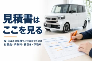 N-BOXの見積書に蛍光ペンで印を付けている手元