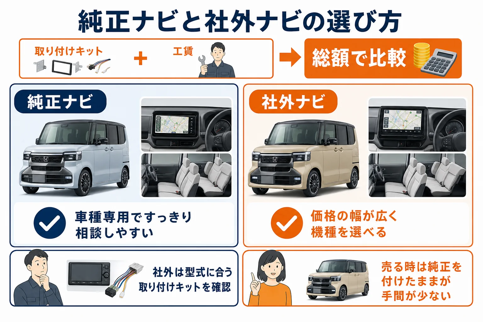 純正ナビと社外ナビを選ぶ時の判断をまとめた図解