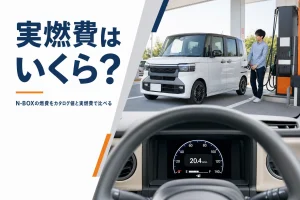 給油中の軽自動車と燃費計のイメージ