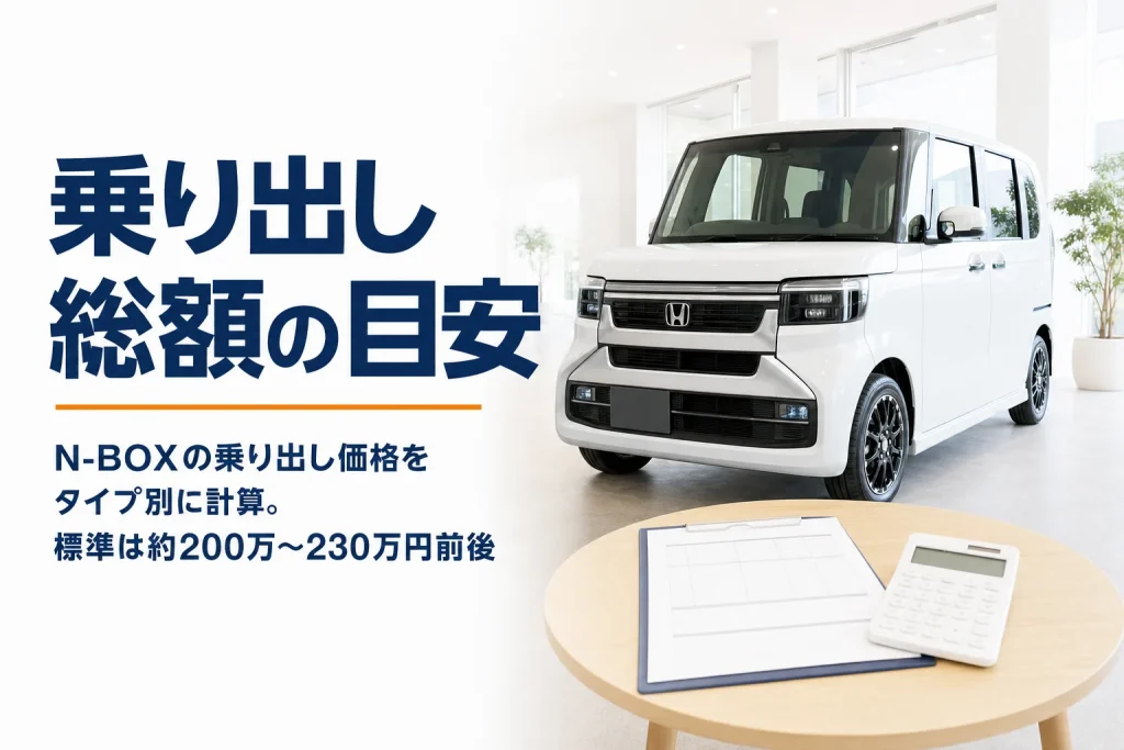 展示スペースのN-BOXと、テーブルに置かれた見積書と電卓