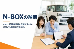 販売店で見積書とカレンダーを見ながら納車日を確認する場面