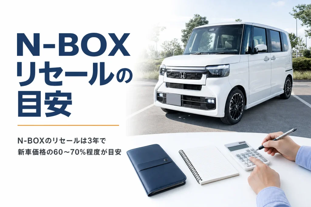 駐車場の白い軽ハイトワゴンと、手元の車検証ケースと電卓