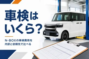 整備工場に止まった軽ハイトワゴンと車検の見積書のイメージ