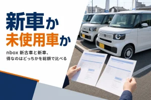 未使用車の展示場で新車と未使用車の見積書を見比べる場面