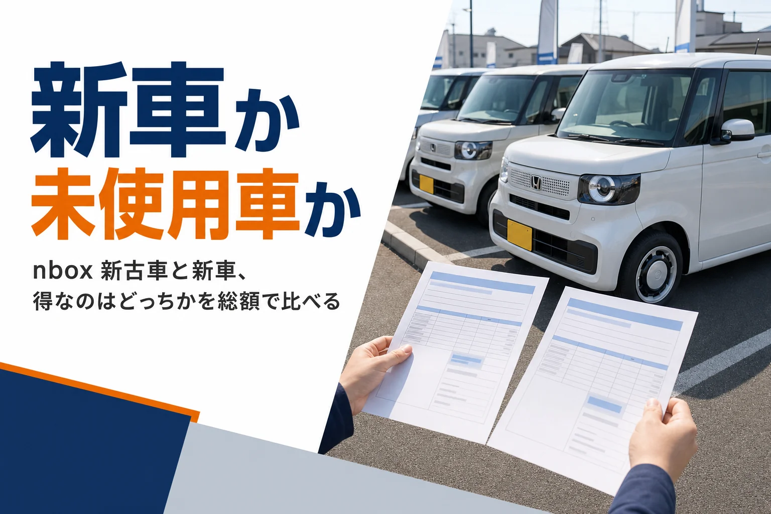 未使用車の展示場で新車と未使用車の見積書を見比べる場面
