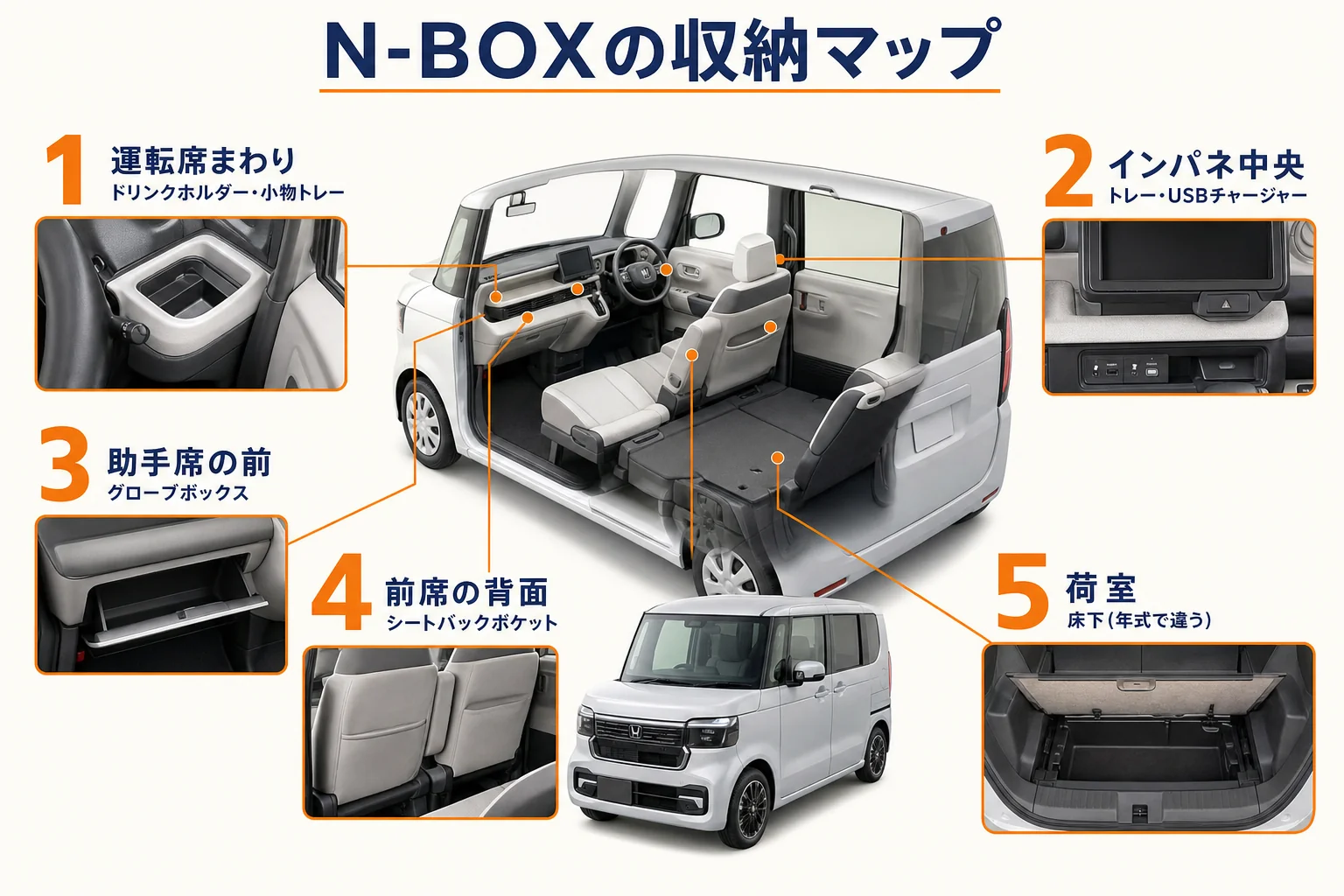 N-BOXの車内の収納の場所をまとめた図解