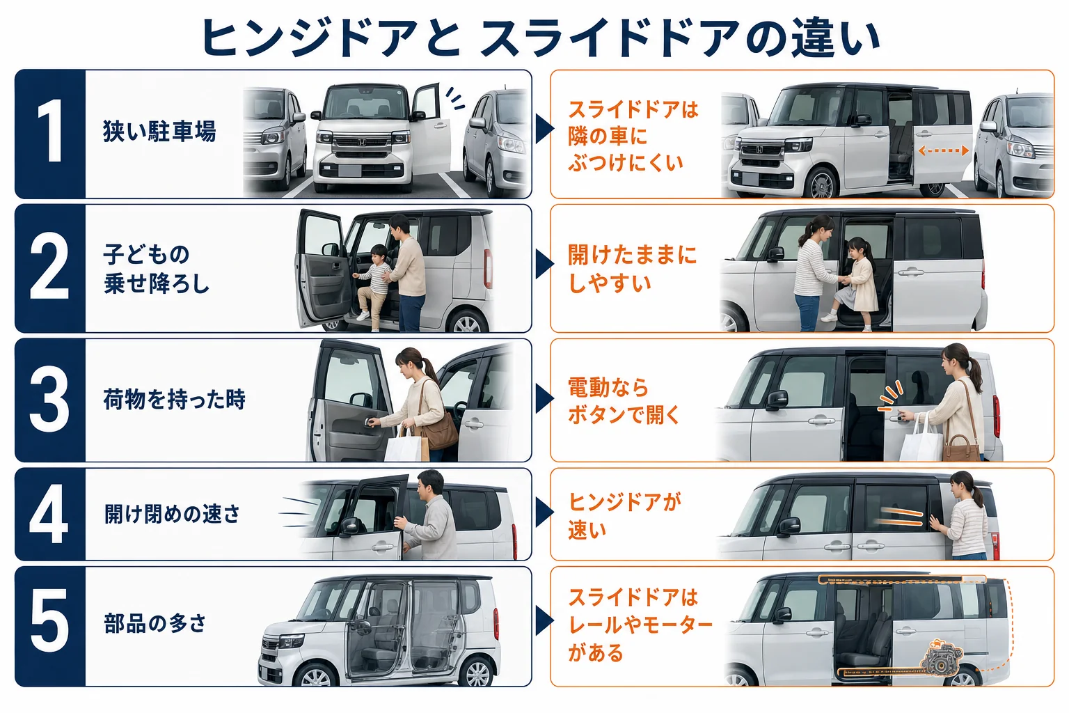 ヒンジドアとスライドドアの使い勝手を場面ごとに比べた図解