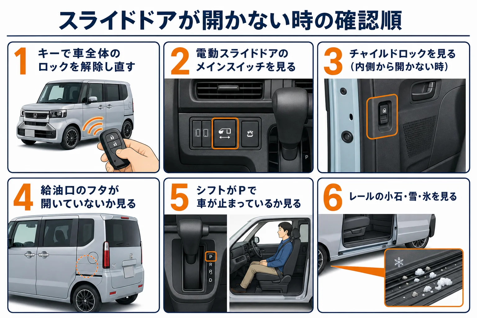 スライドドアが開かない時に確かめる6つの項目の図解