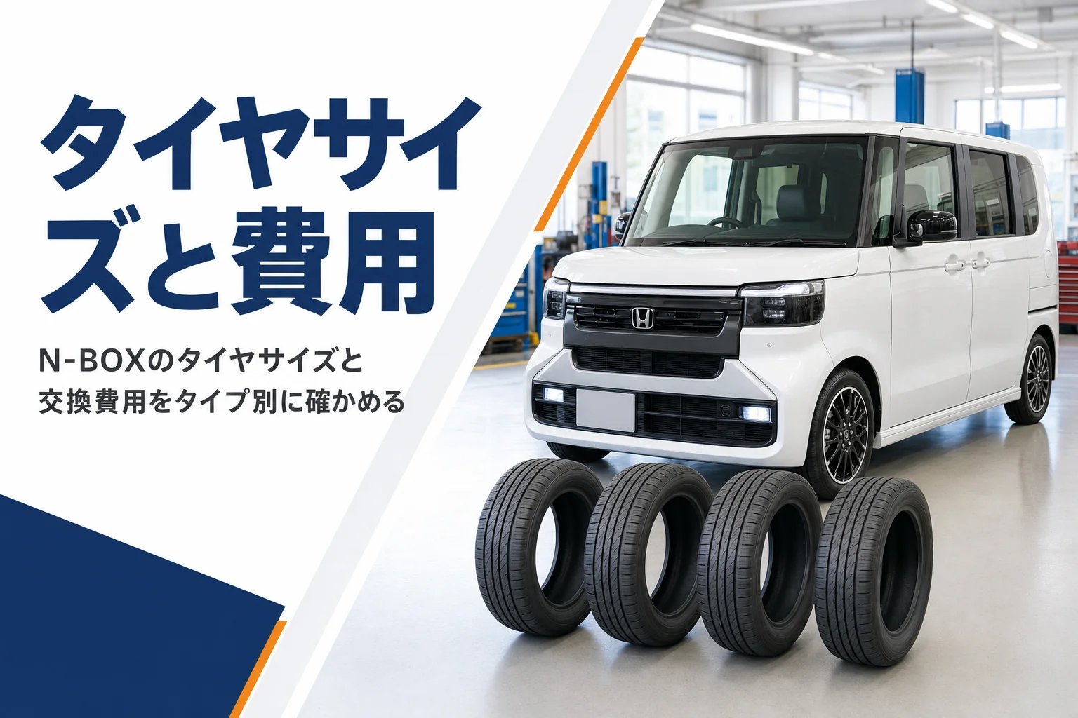 軽ハイトワゴンの横に並んだ新品タイヤ4本のイメージ