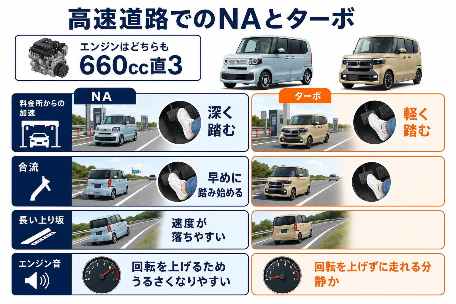 N-BOXのNAとターボの高速道路での違いを並べた図解