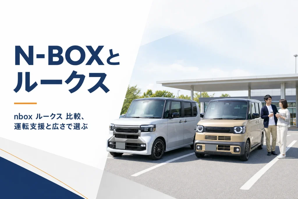 サービスエリアに並んだ軽スーパーハイトワゴン2台でN-BOXとルークスを比べるイメージ