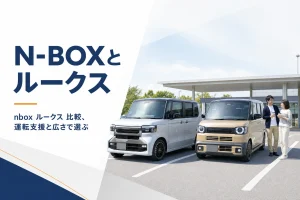 サービスエリアに並んだ軽スーパーハイトワゴン2台でN-BOXとルークスを比べるイメージ