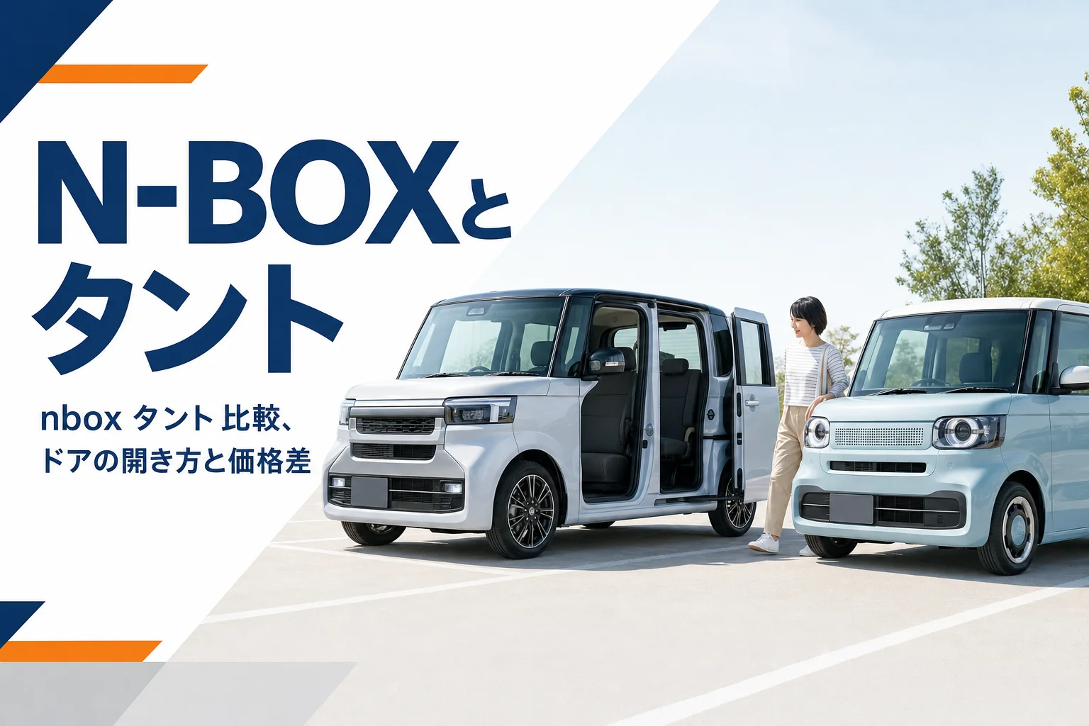 助手席側が大きく開く軽ワゴンと一般的な軽ワゴンを並べてN-BOXとタントを比べるイメージ
