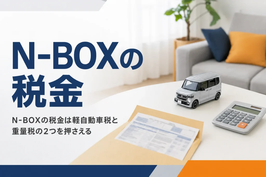 納税通知書と電卓、軽ハイトワゴンのミニカーが置かれたテーブル